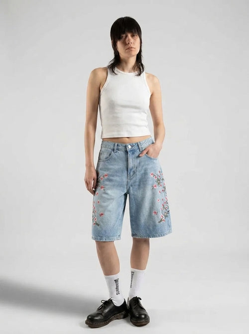 Blossom Trail Floral Embroidered Baggy Denim Jorts in Light Wash