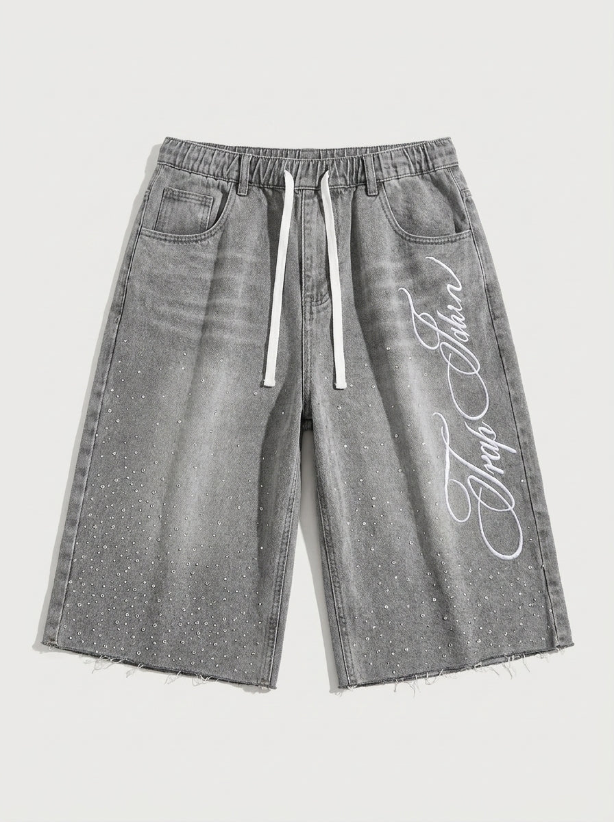 Lost Signal Rhinestone Baggy Denim Jorts in Grey Wash