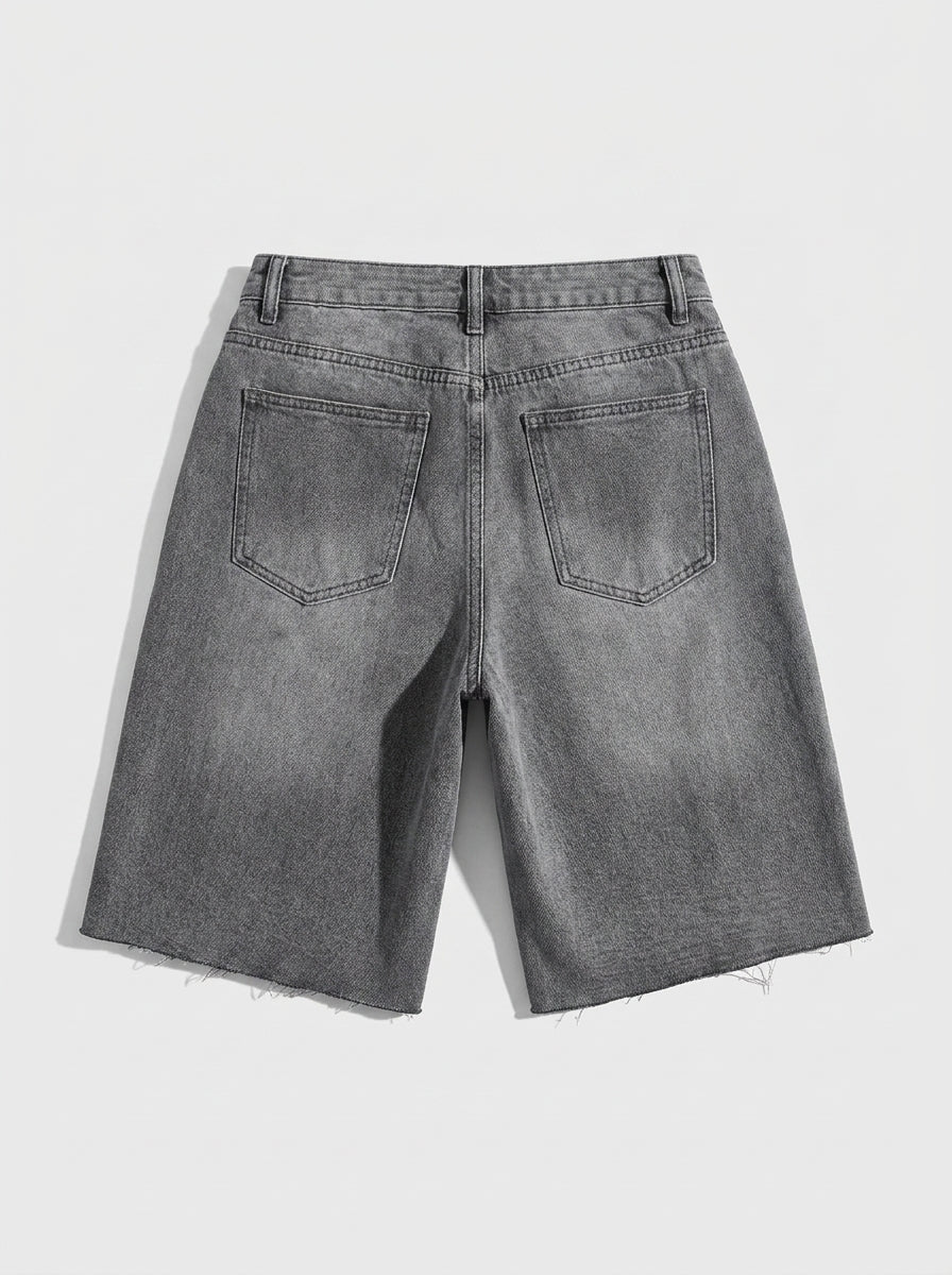 Lost Signal Rhinestone Baggy Denim Jorts in Grey Wash