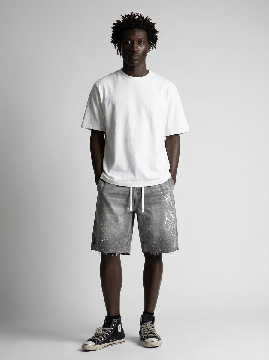 Lost Signal Rhinestone Baggy Denim Jorts in Grey Wash