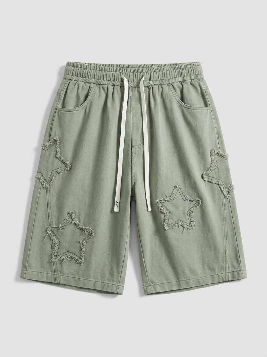 Star Patch Baggy Drawstring Shorts in Washed Olive