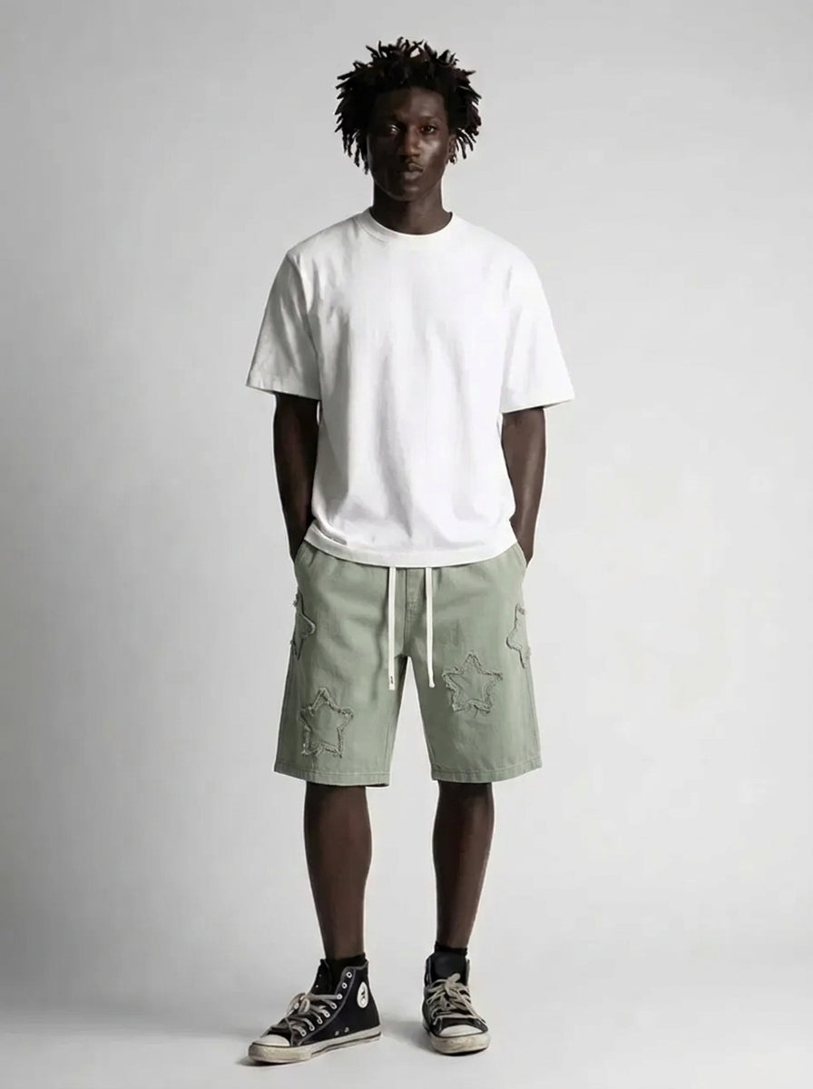 Star Patch Baggy Drawstring Shorts in Washed Olive