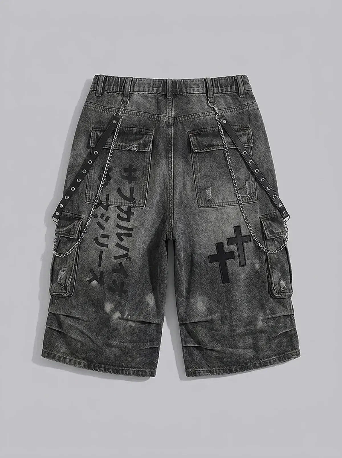 Phantom Cross Graphic Baggy Denim Jorts in Washed Black