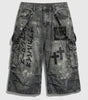 Phantom Cross Graphic Baggy Denim Jorts in Washed Black