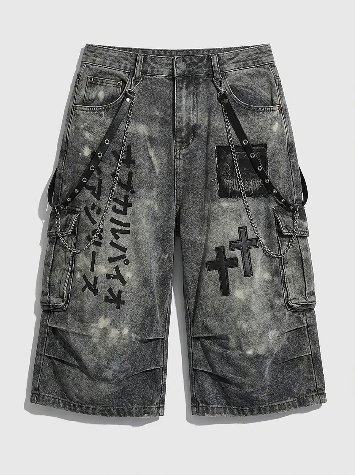 Phantom Cross Graphic Baggy Denim Jorts in Washed Black