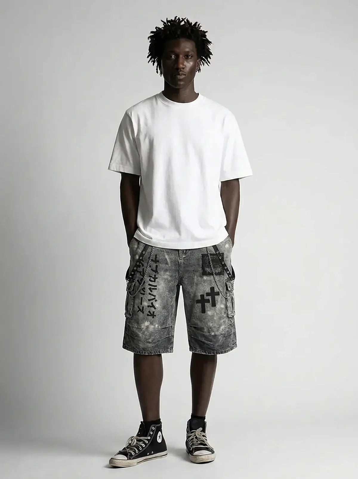 Phantom Cross Graphic Baggy Denim Jorts in Washed Black