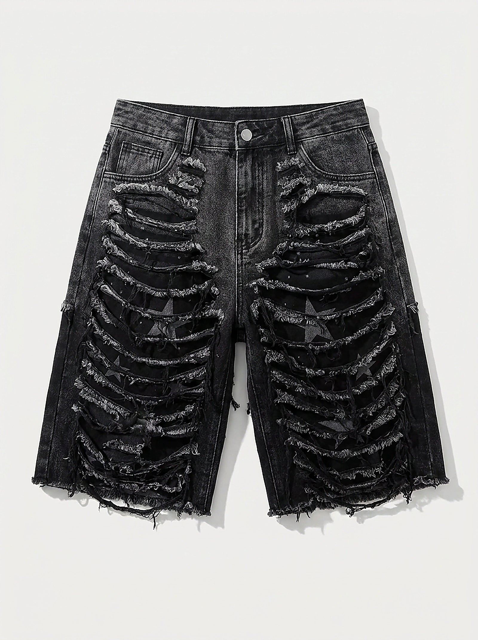 Riot Frayed Raw Edge Distressed Denim Shorts in Washed Black
