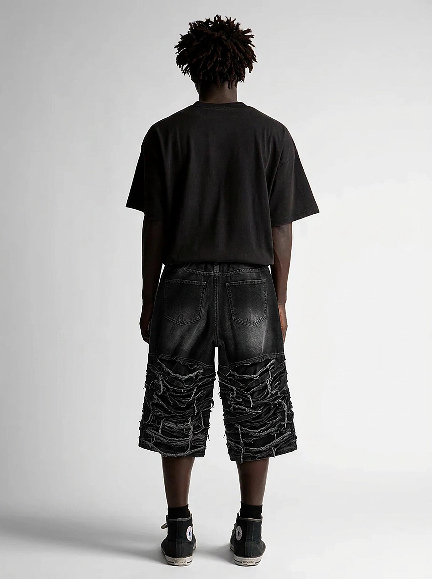 Riot Frayed Raw Edge Distressed Denim Shorts in Washed Black