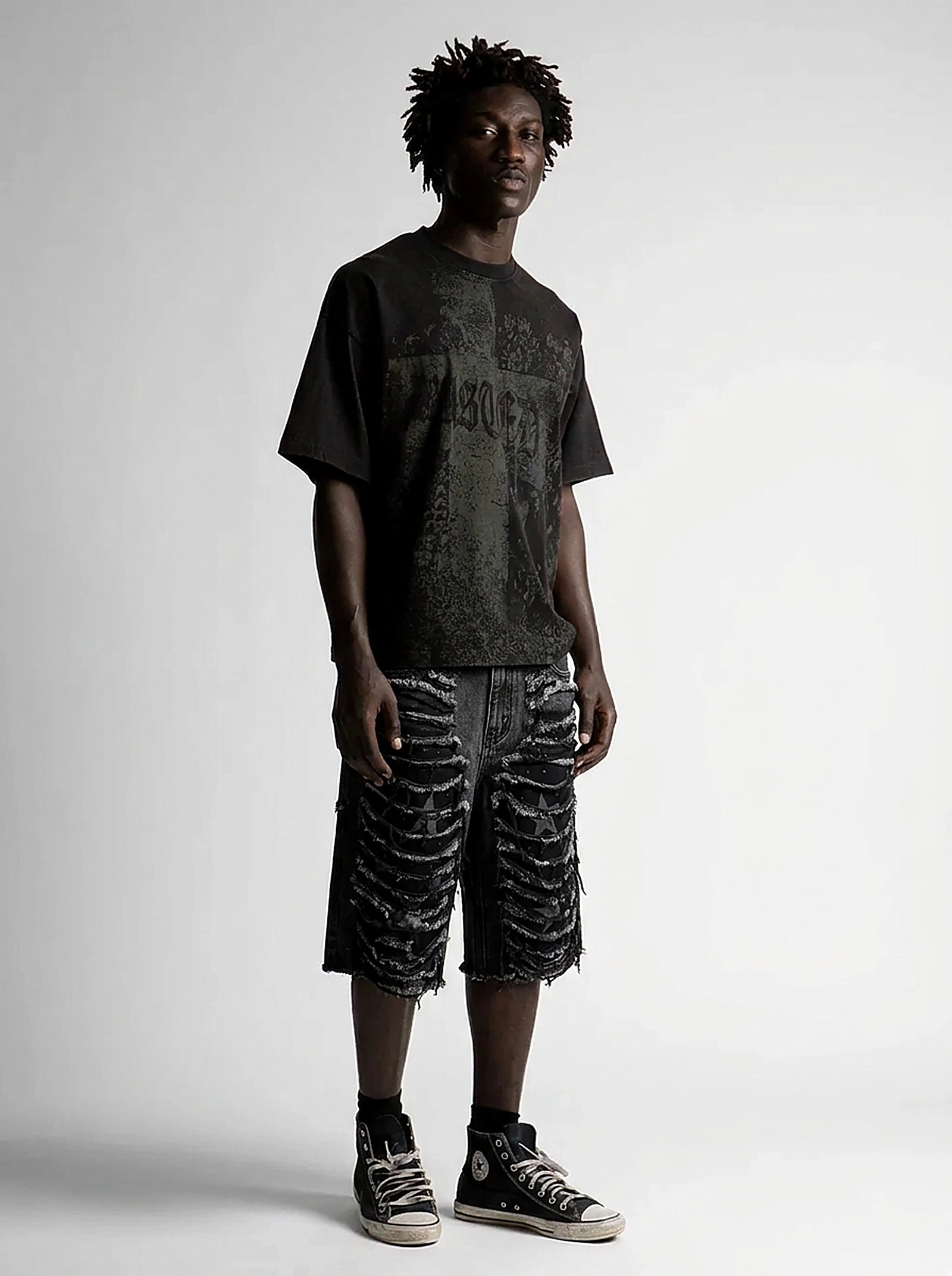 Riot Frayed Raw Edge Distressed Denim Shorts in Washed Black