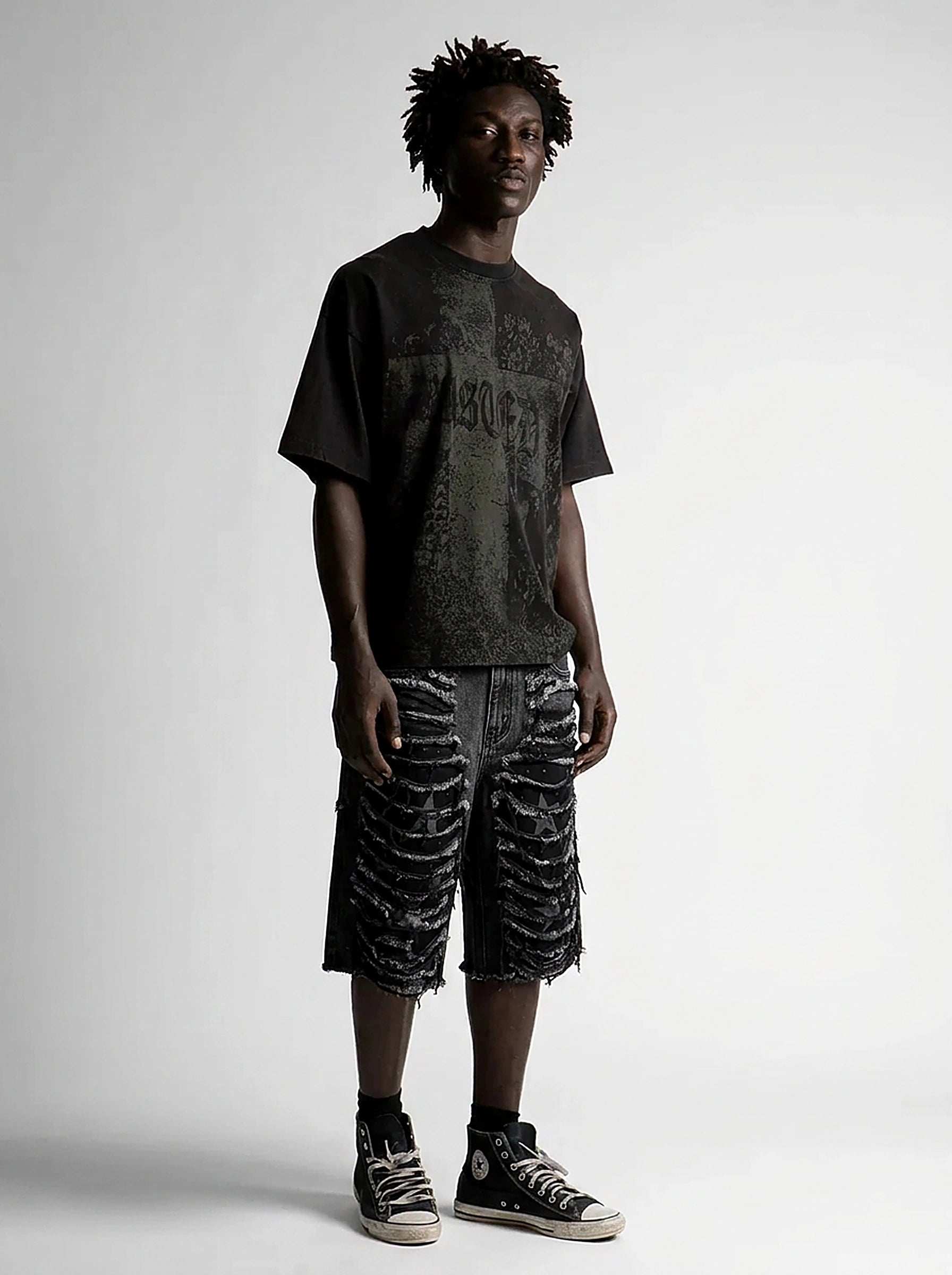 Riot Frayed Raw Edge Distressed Denim Shorts in Washed Black