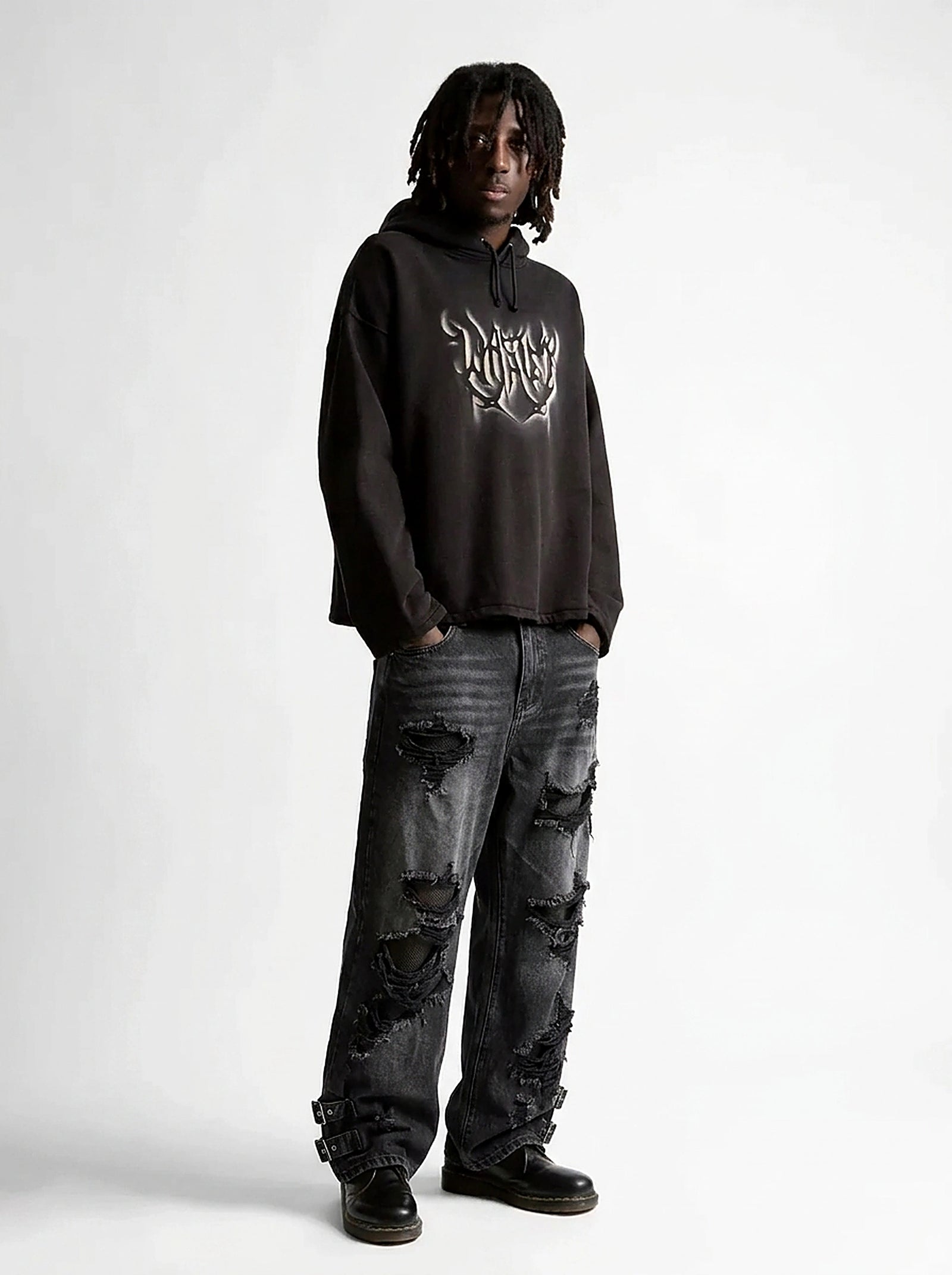 Riot Vintage Ripped Wide Leg Denim Jeans in Washed Black