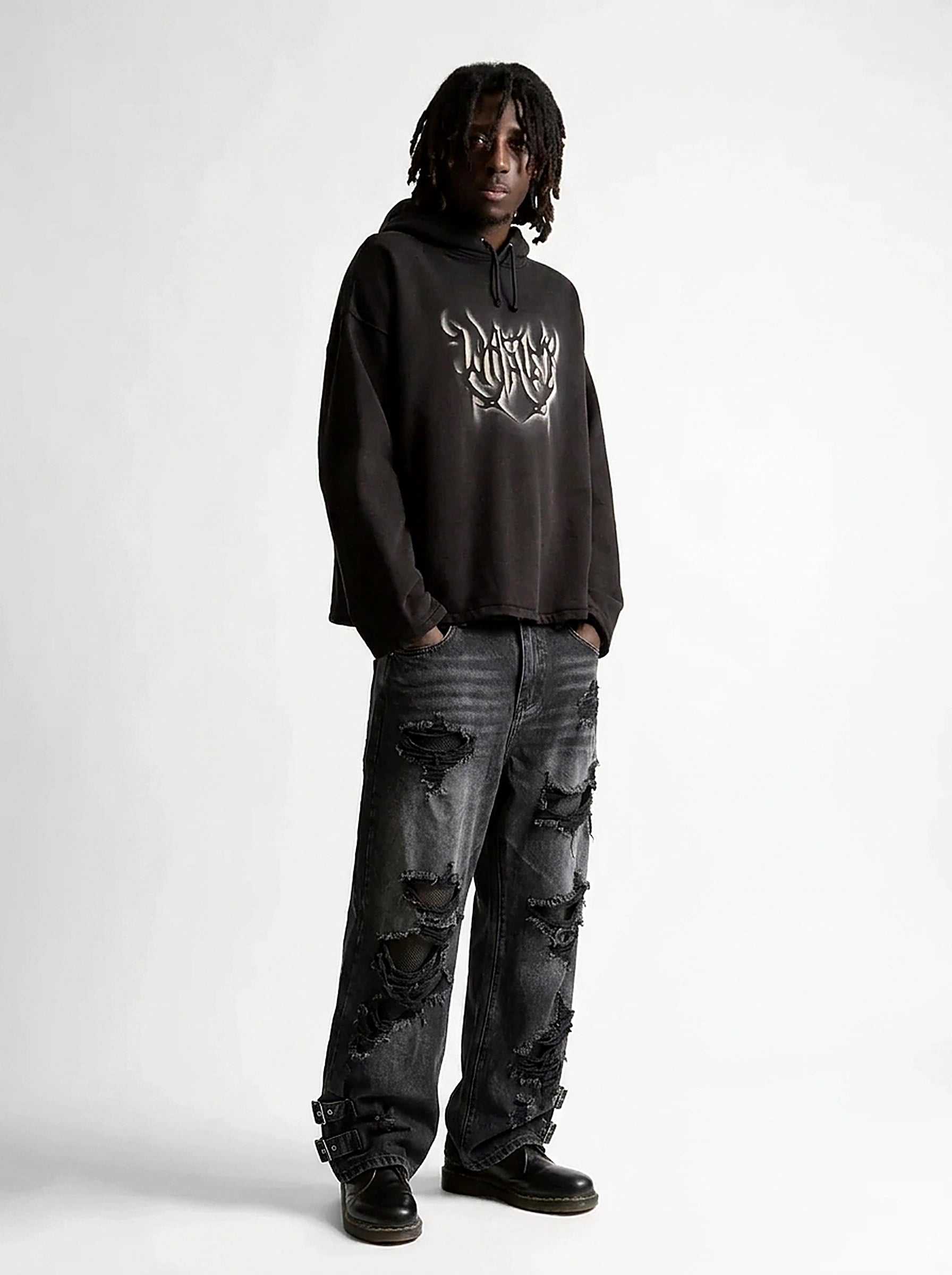 Riot Vintage Ripped Wide Leg Denim Jeans in Washed Black