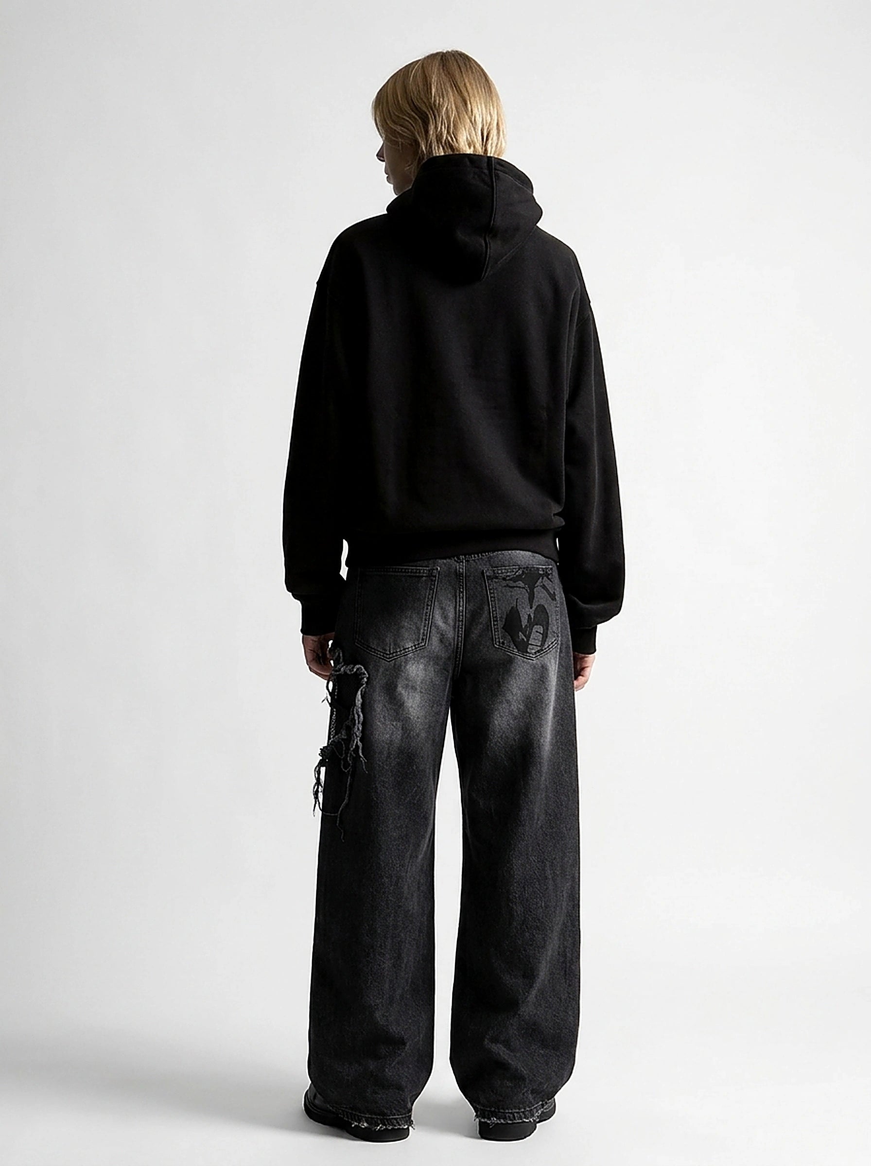 Riot Vintage Ripped Wide Leg Denim Jeans in Washed Black