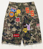 Riot Patchwork Camo Cargo Shorts with Distressed Fray Hem