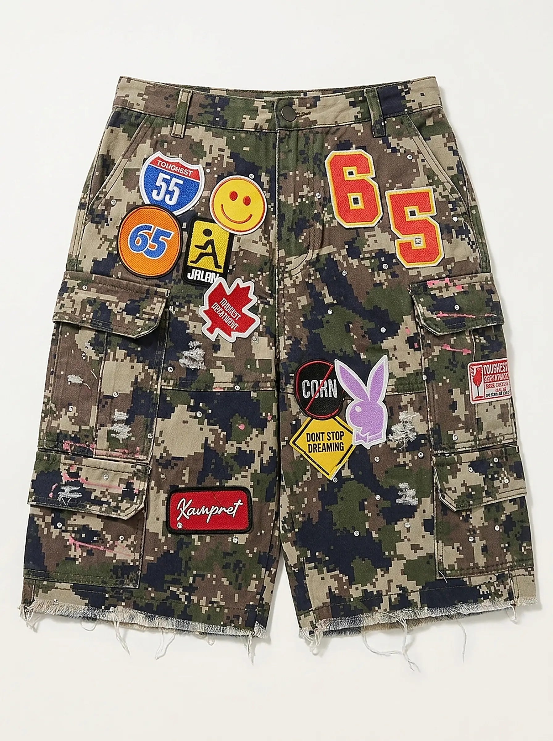 Riot Patchwork Camo Cargo Shorts with Distressed Fray Hem