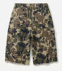 Riot Patchwork Camo Cargo Shorts with Distressed Fray Hem