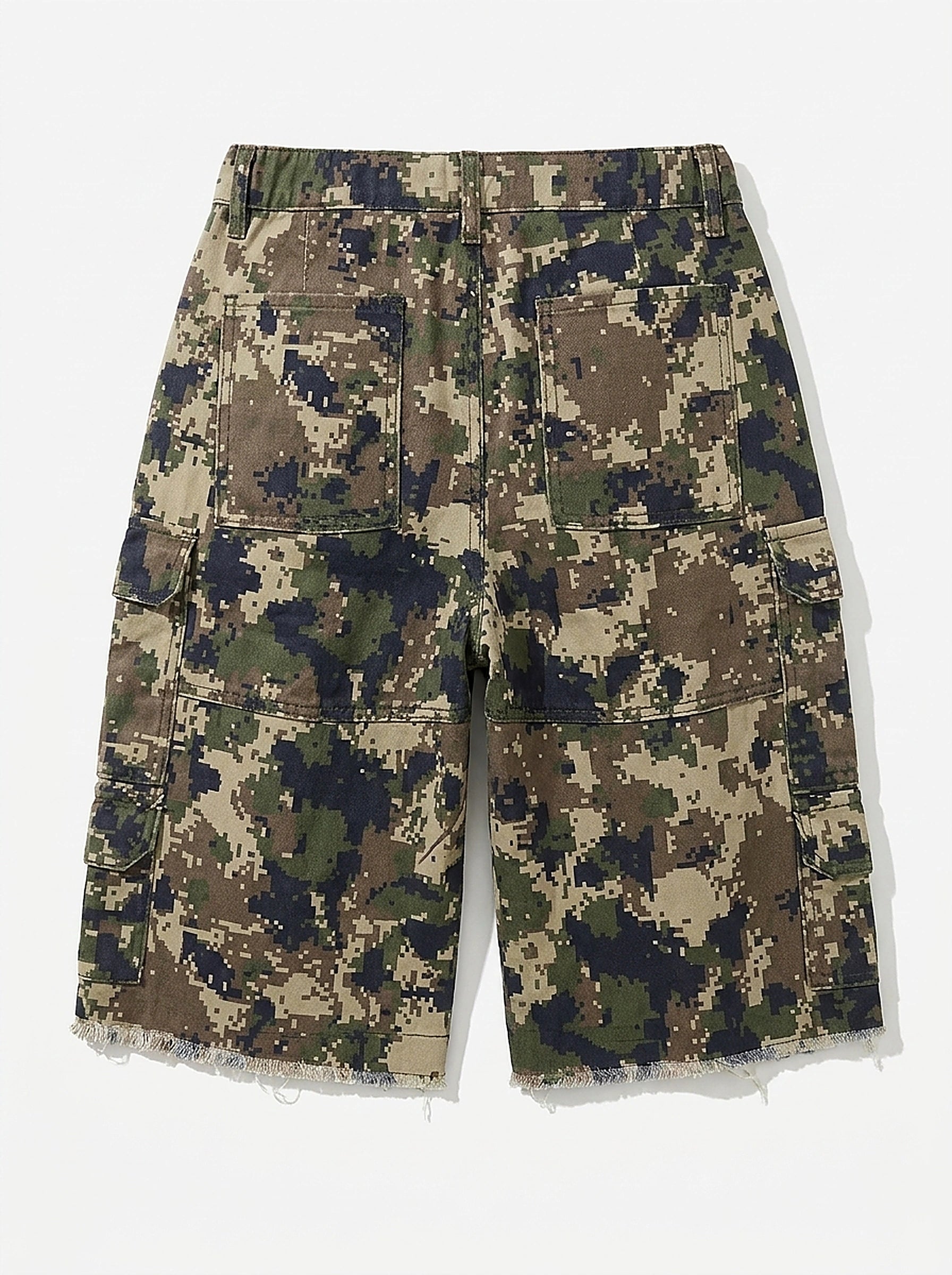 Riot Patchwork Camo Cargo Shorts with Distressed Fray Hem