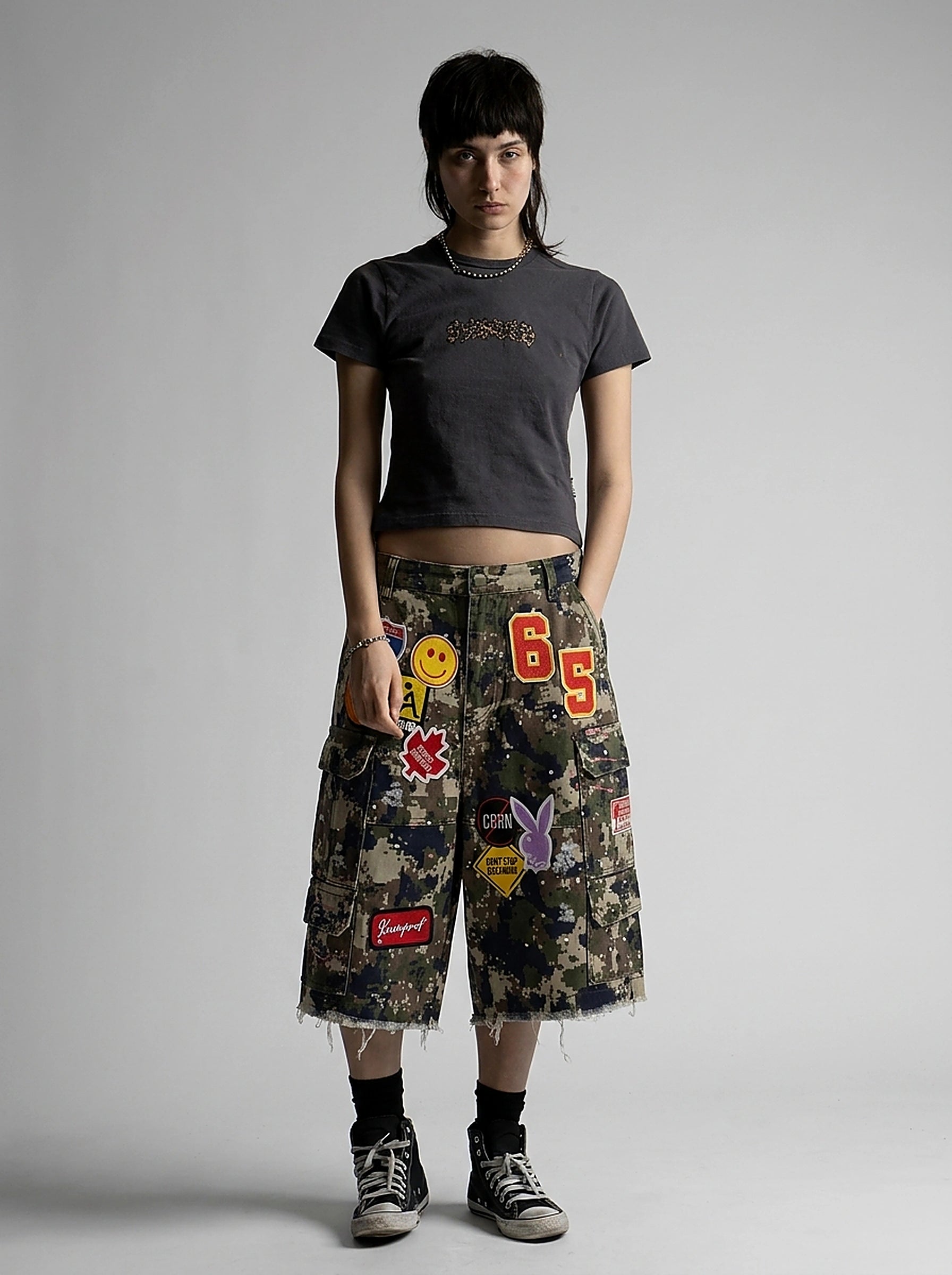 Riot Patchwork Camo Cargo Shorts with Distressed Fray Hem