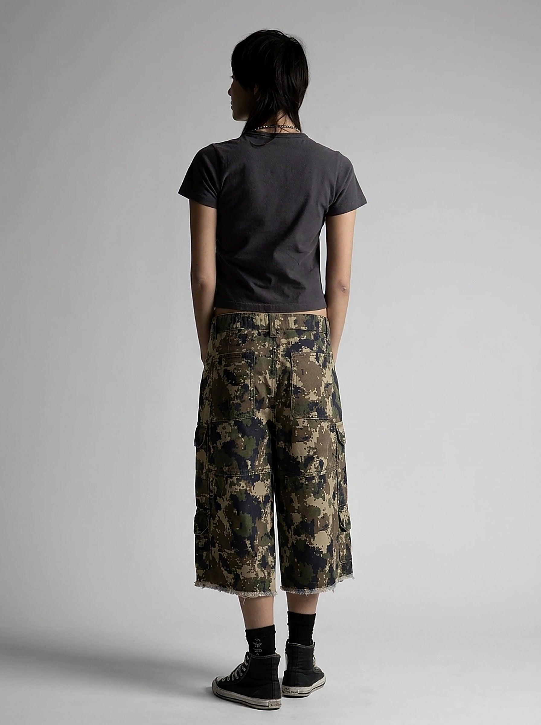 Riot Patchwork Camo Cargo Shorts with Distressed Fray Hem