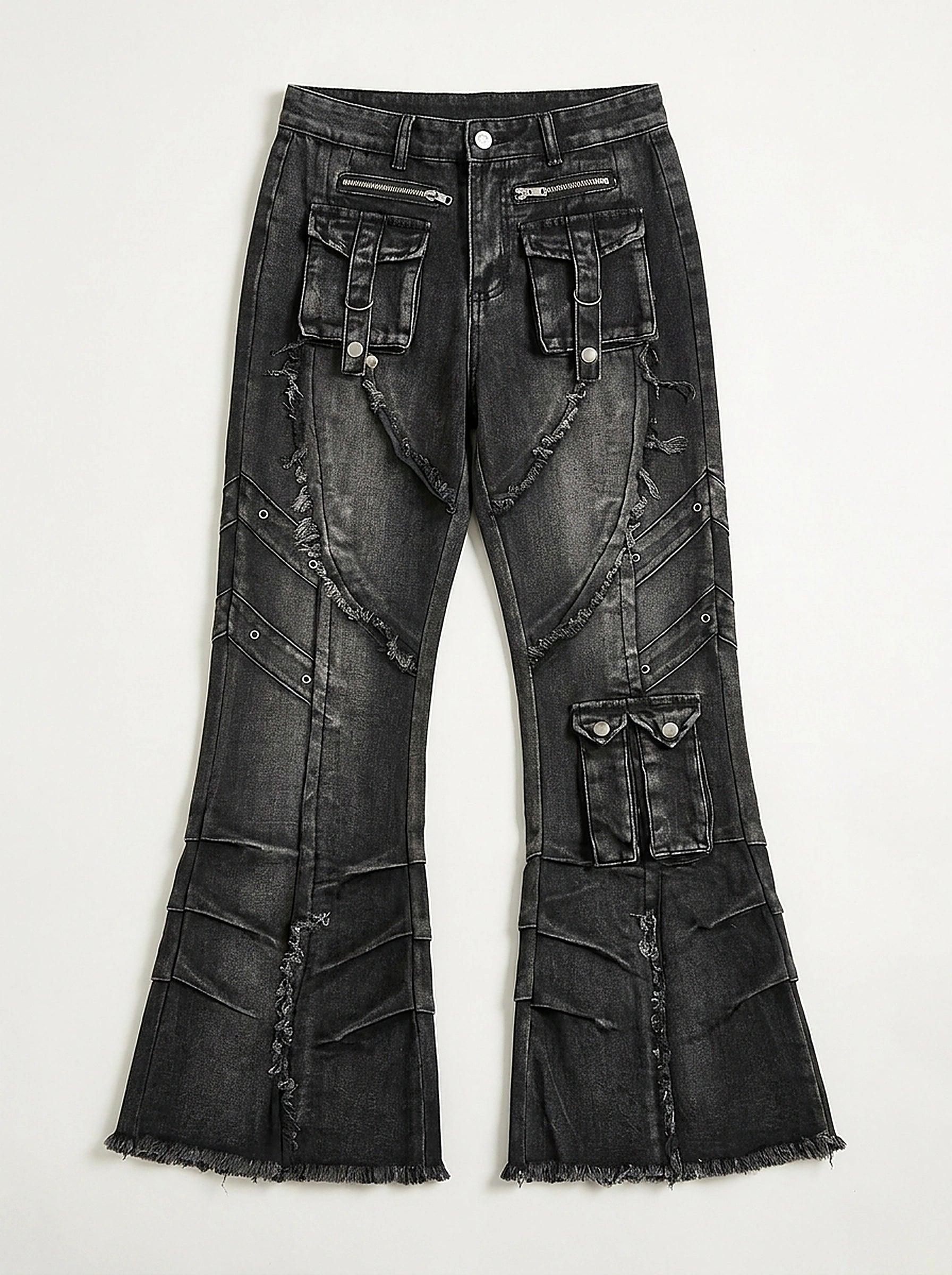 Riot Patchwork Flare Cargo Denim Jeans in Washed Black