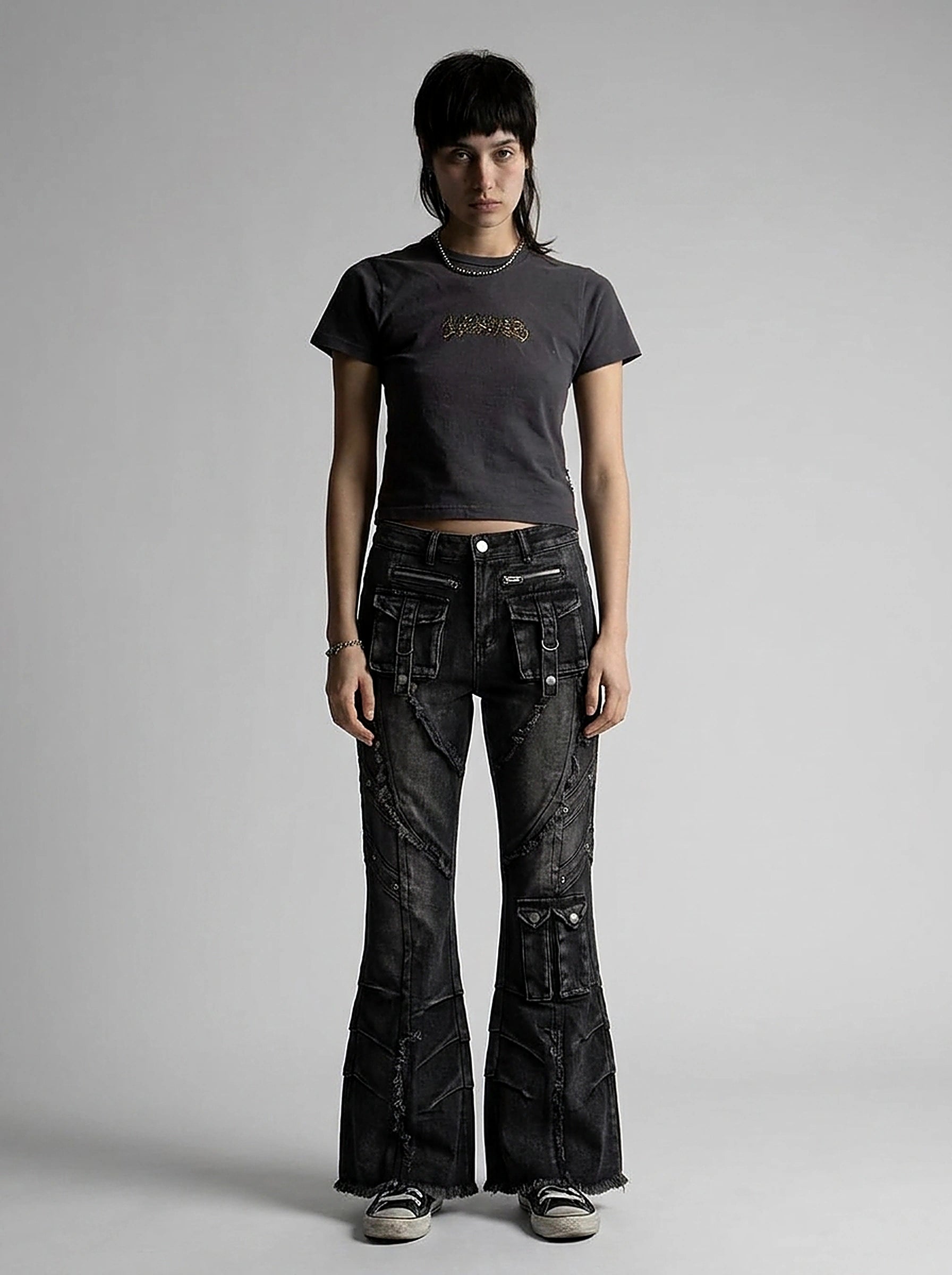 Riot Patchwork Flare Cargo Denim Jeans in Washed Black