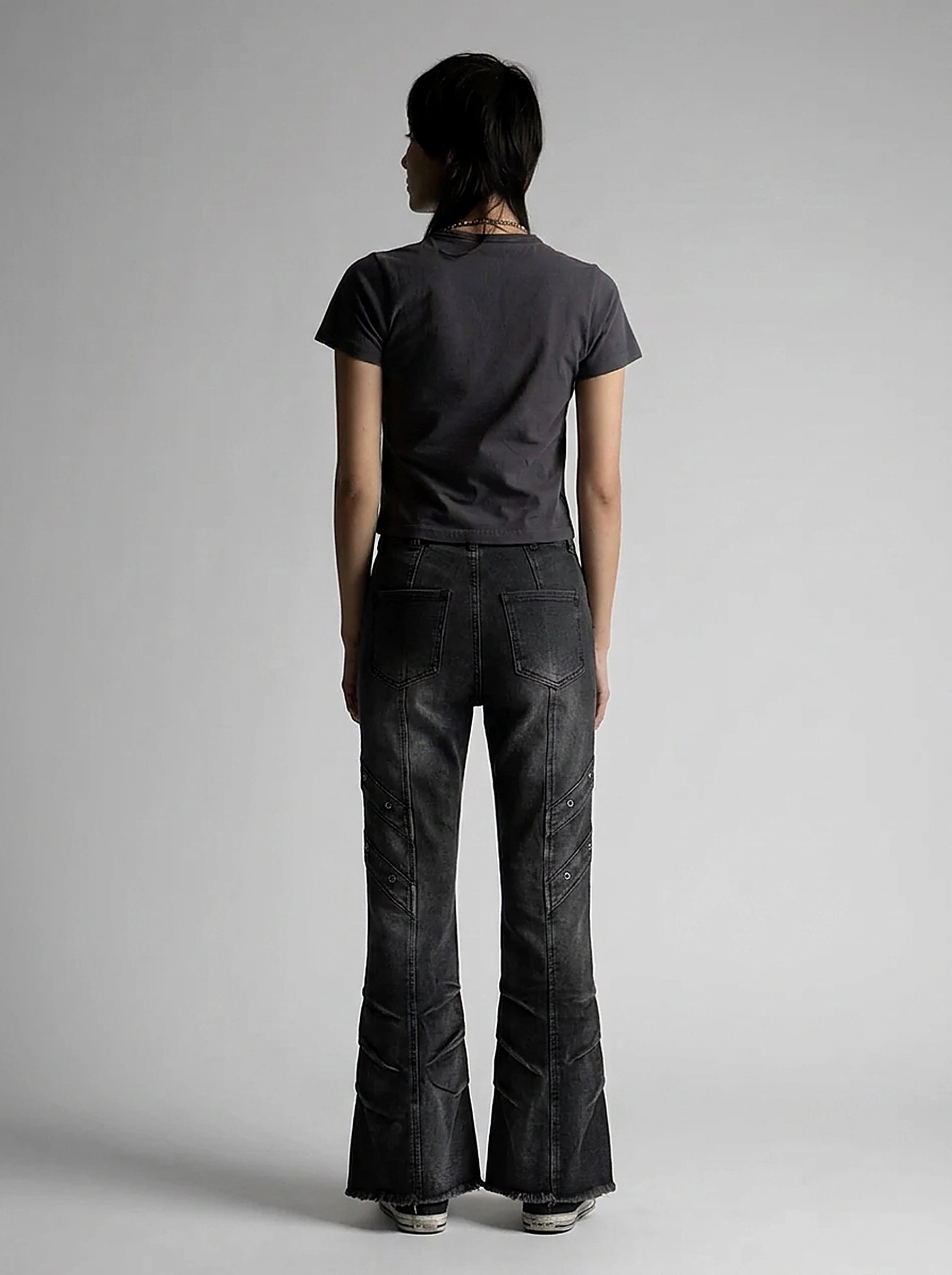 Riot Patchwork Flare Cargo Denim Jeans in Washed Black