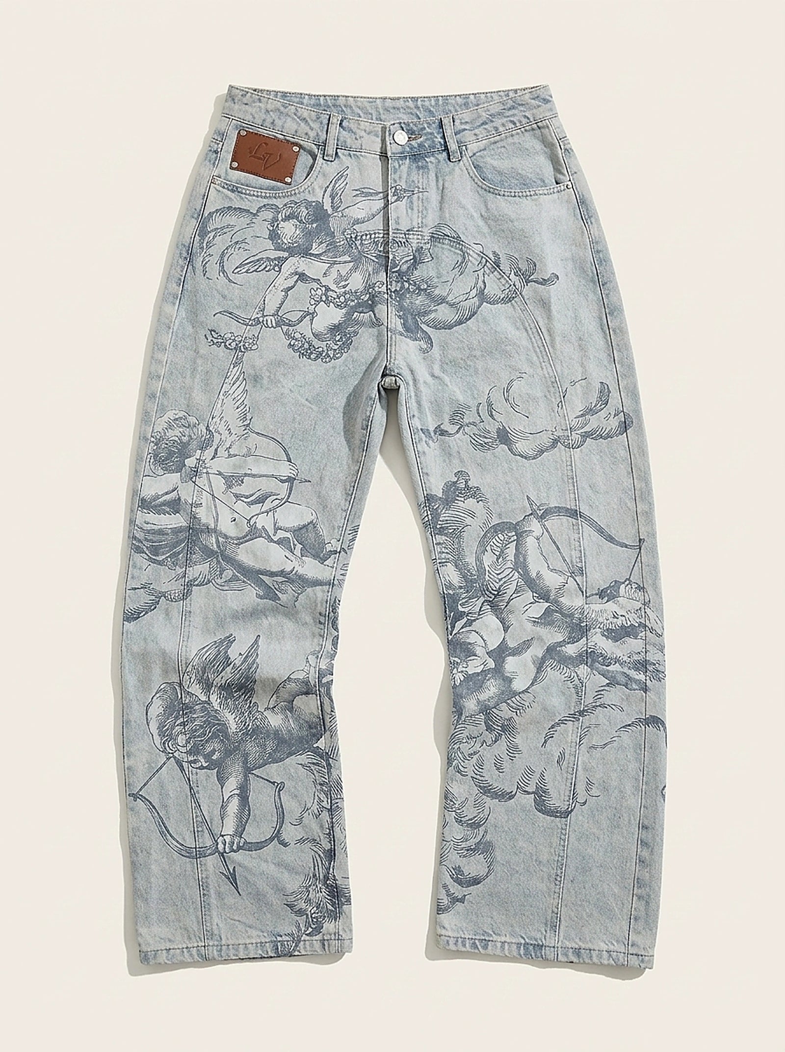 Riot Angel Art Print Baggy Denim Jeans in Washed Blue