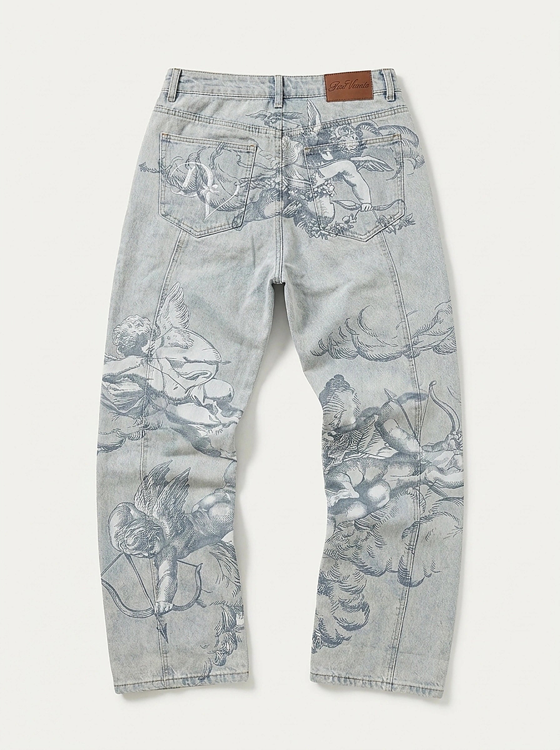 Riot Angel Art Print Baggy Denim Jeans in Washed Blue