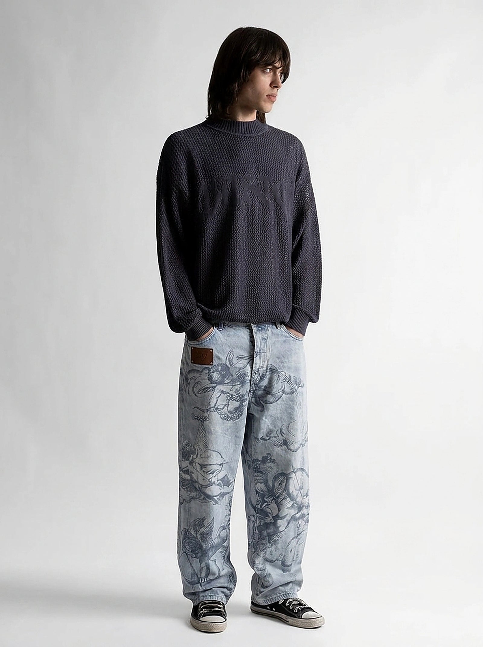 Riot Angel Art Print Baggy Denim Jeans in Washed Blue