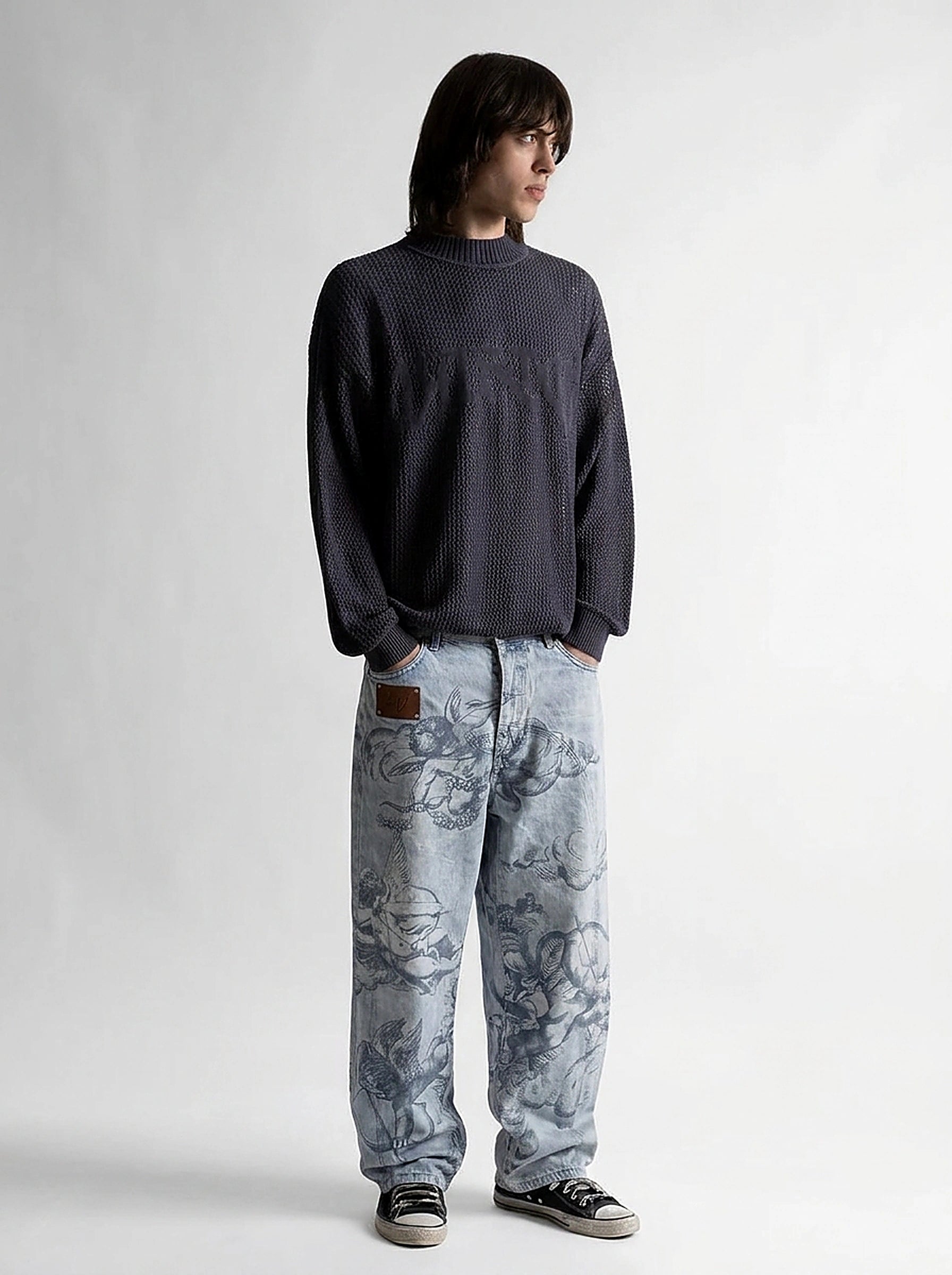 Riot Angel Art Print Baggy Denim Jeans in Washed Blue