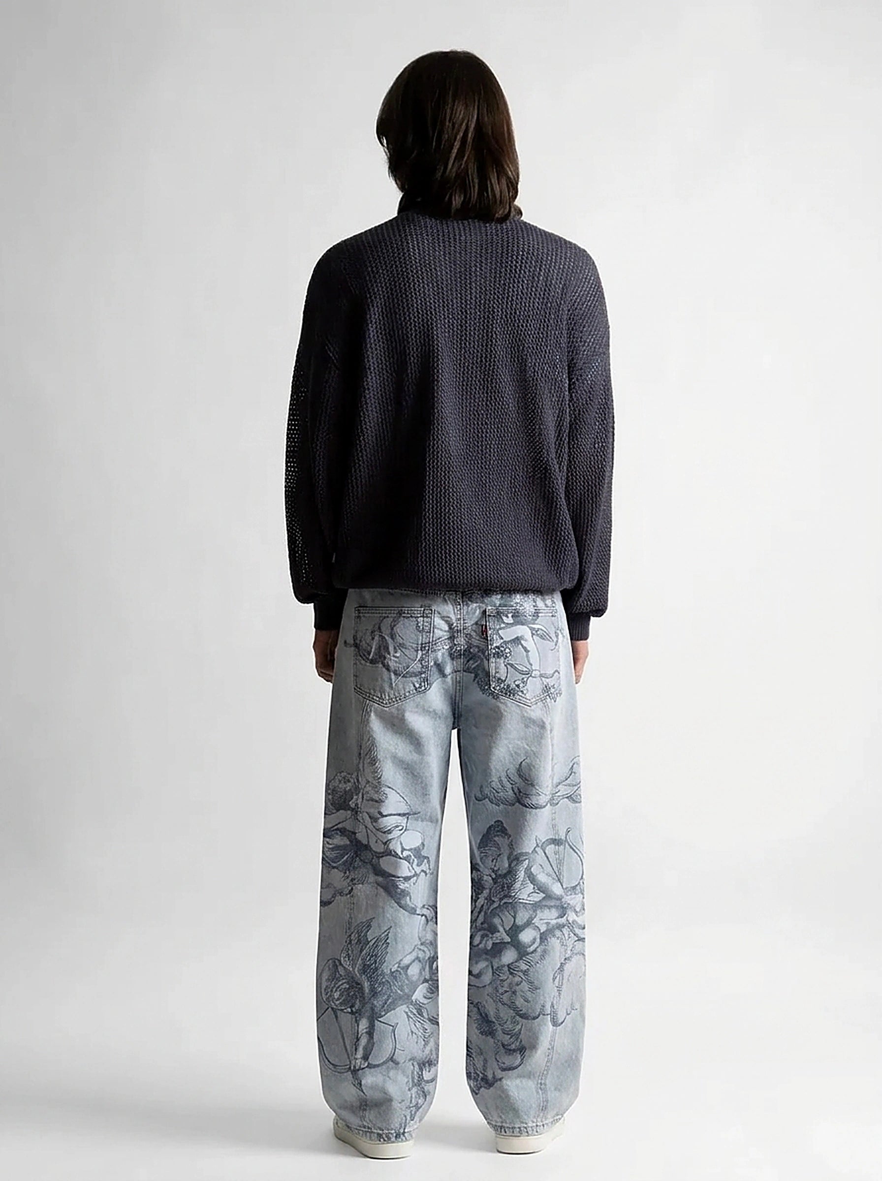 Riot Angel Art Print Baggy Denim Jeans in Washed Blue