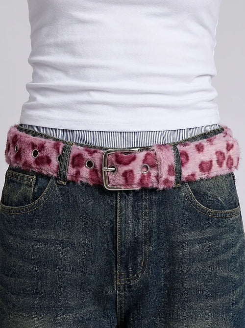 Fuzzy Cheetah Print Plush Belt in Pink