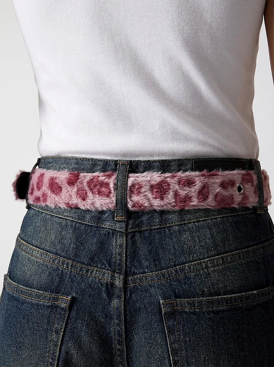 Fuzzy Cheetah Print Plush Belt in Pink