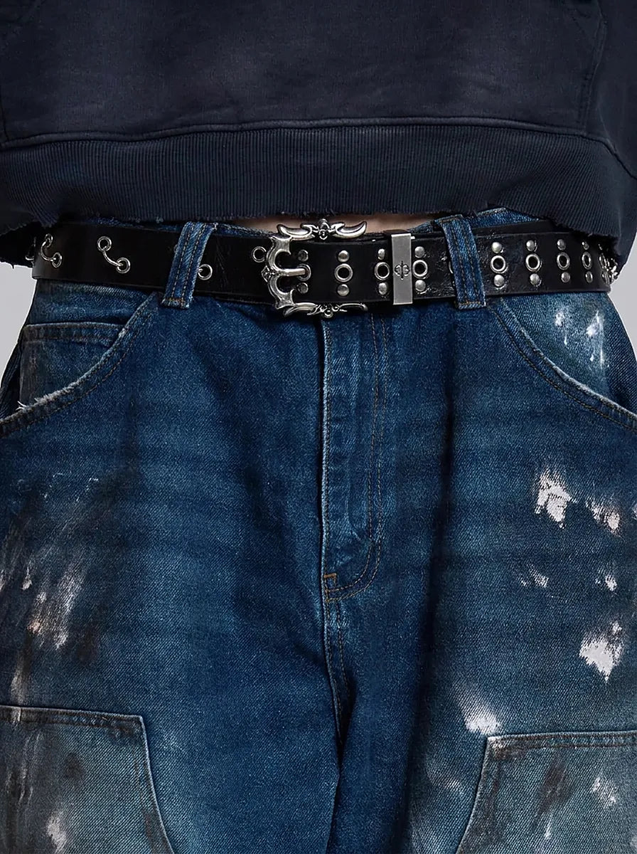 Riot Gothic Rivet Skull Buckle Belt in Black