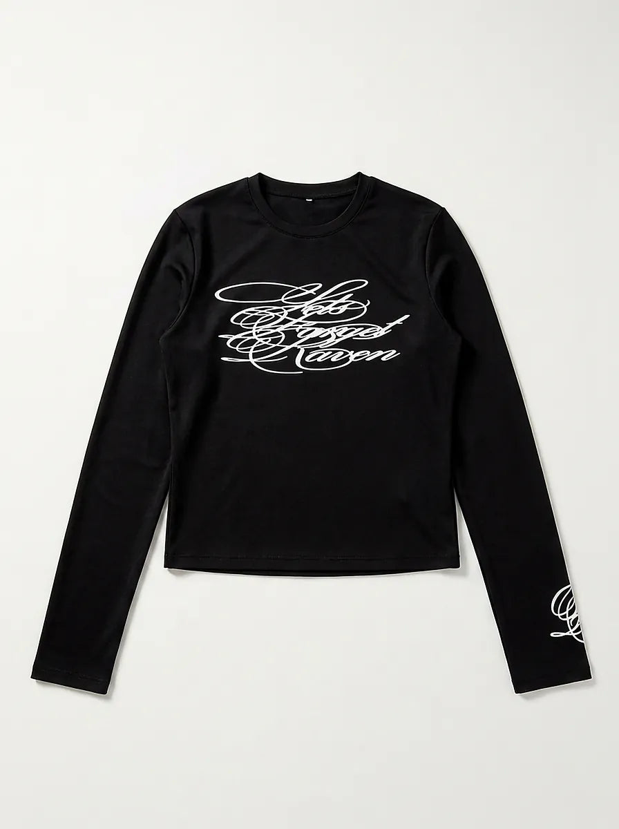 "Never Forget" Script Print Long Sleeve Tee in Black
