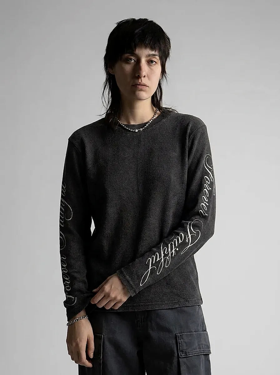 "Forever Faithful" Script Sleeve Long Sleeve Tee in Black