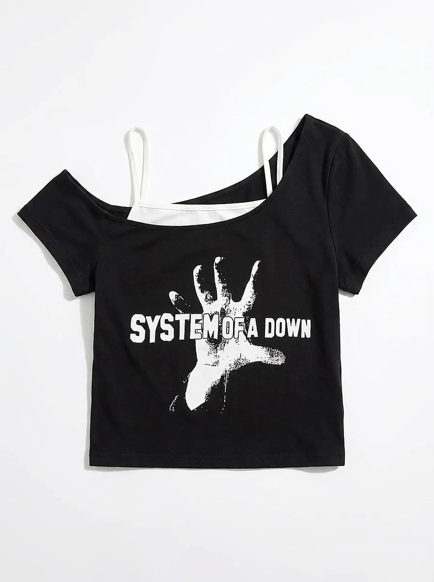 Gothic Rock Graphic Off-Shoulder Crop Tee in Black