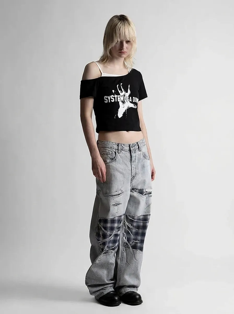 Gothic Rock Graphic Off-Shoulder Crop Tee in Black