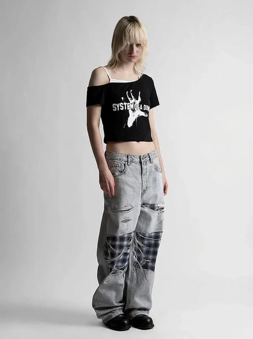 Gothic Rock Graphic Off-Shoulder Crop Tee in Black