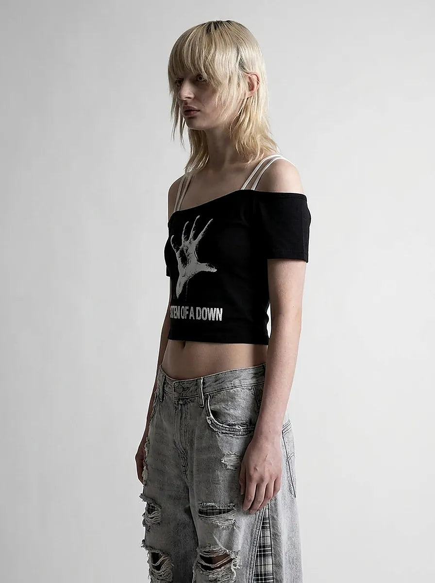 Gothic Rock Graphic Off-Shoulder Crop Tee in Black