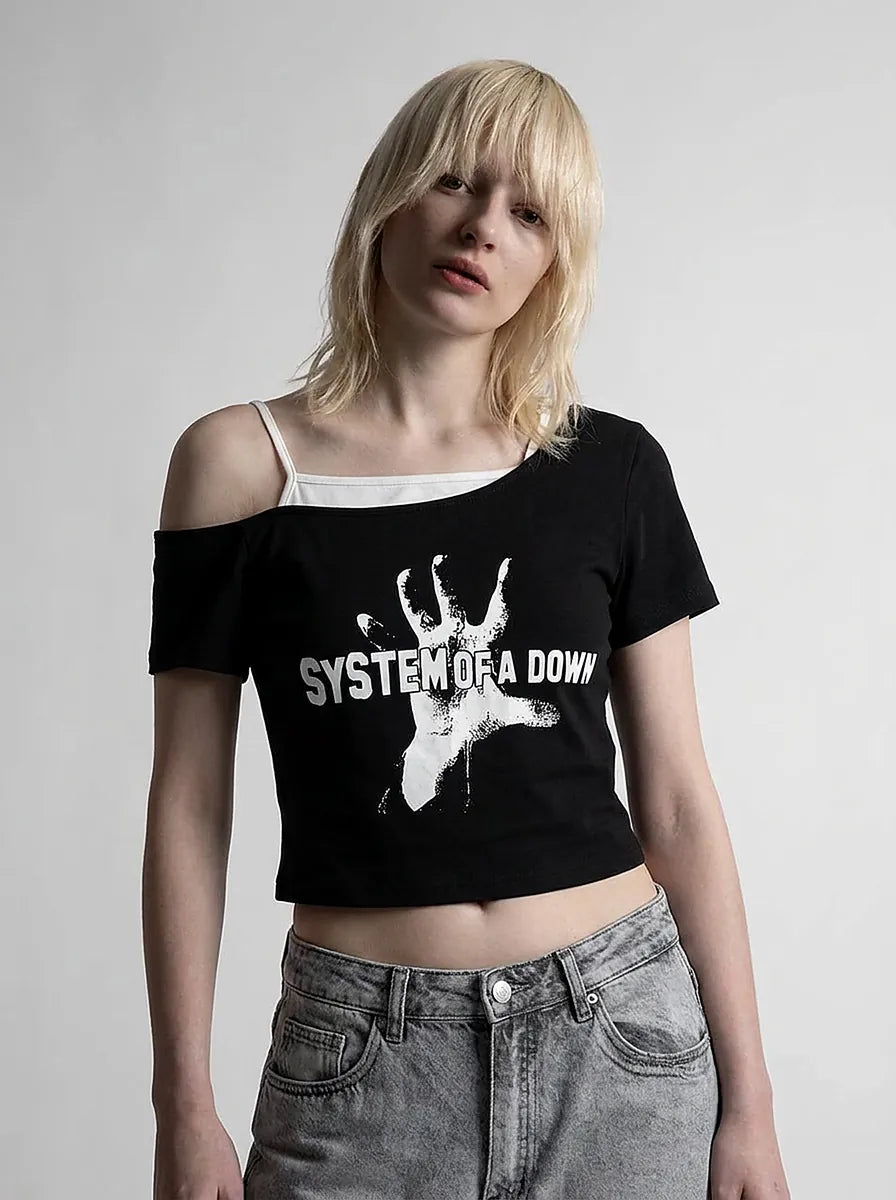 Gothic Rock Graphic Off-Shoulder Crop Tee in Black