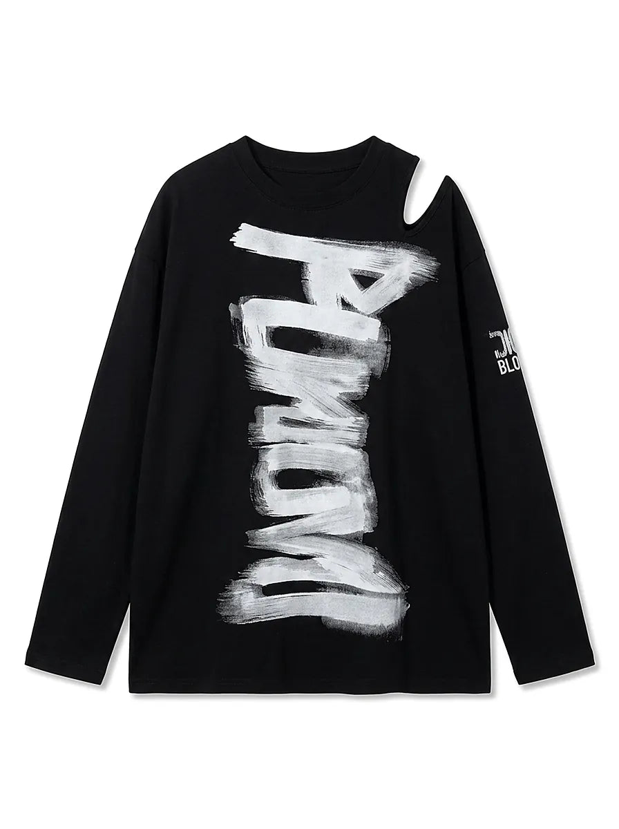 Grunge Abstract Back Print Long Sleeve Top in White & Black