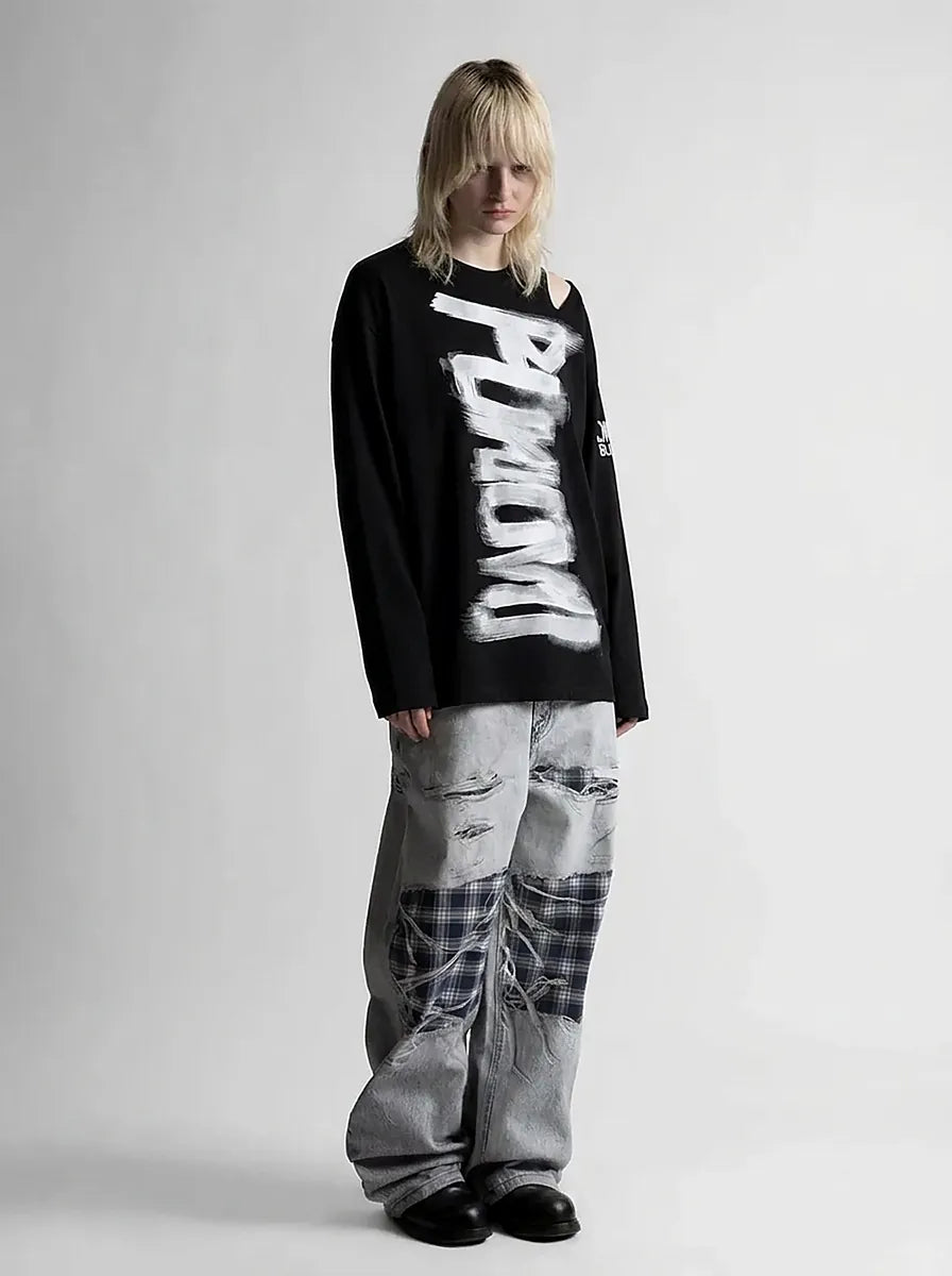 Grunge Abstract Back Print Long Sleeve Top in White & Black