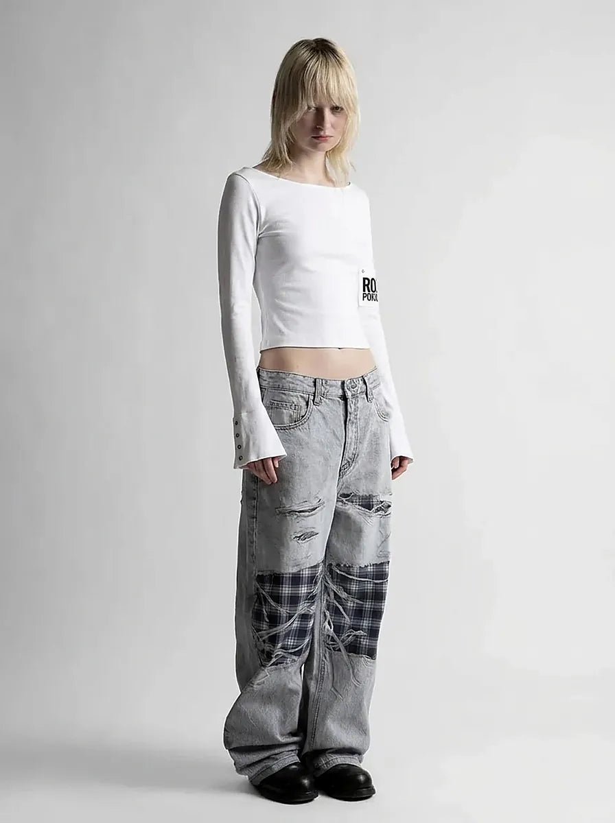 Grunge Abstract Back Print Long Sleeve Top in White & Black