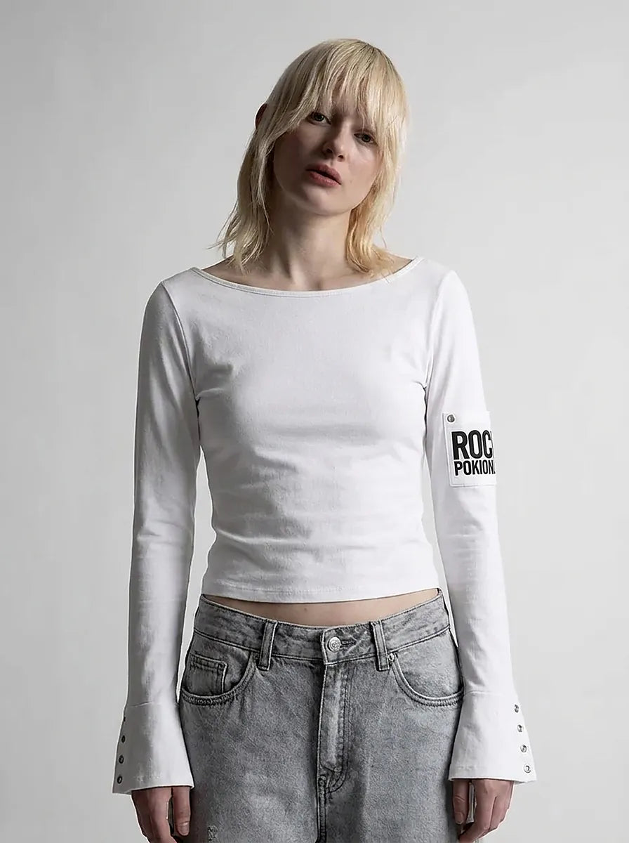 Grunge Abstract Back Print Long Sleeve Top in White & Black