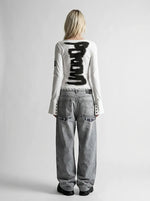 Grunge Abstract Back Print Long Sleeve Top in White & Black