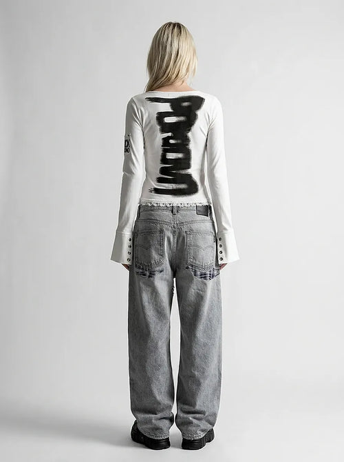 Grunge Abstract Back Print Long Sleeve Top in White & Black