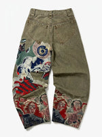 Riot Horror Graphic Embroidery Wide Leg Denim Jeans in Washed Grey