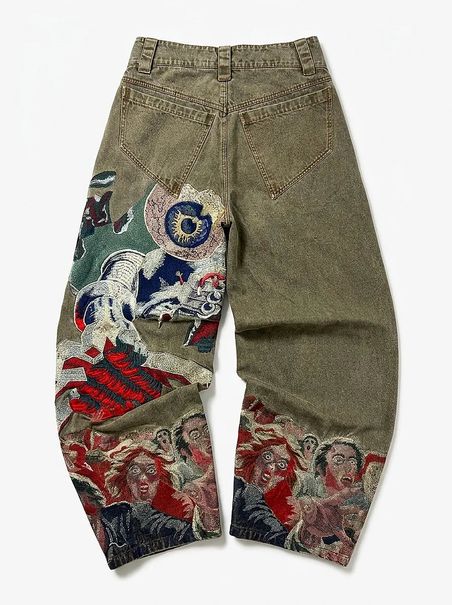 Riot Horror Graphic Embroidery Wide Leg Denim Jeans in Washed Grey