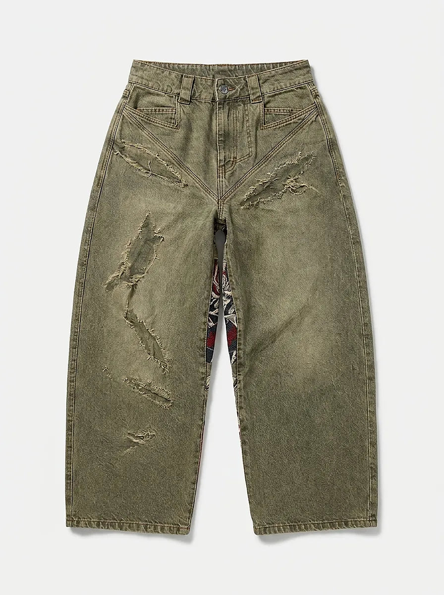 Riot Horror Graphic Embroidery Wide Leg Denim Jeans in Washed Grey